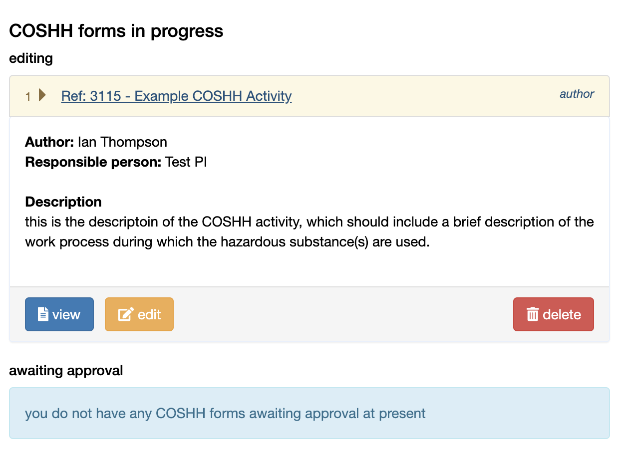 COSHH form recalled now in edit section