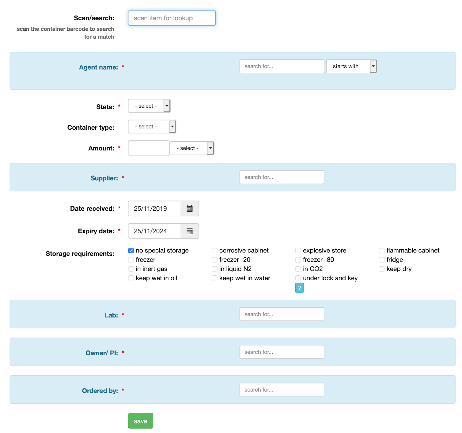 inventory add chemical form showing all fields