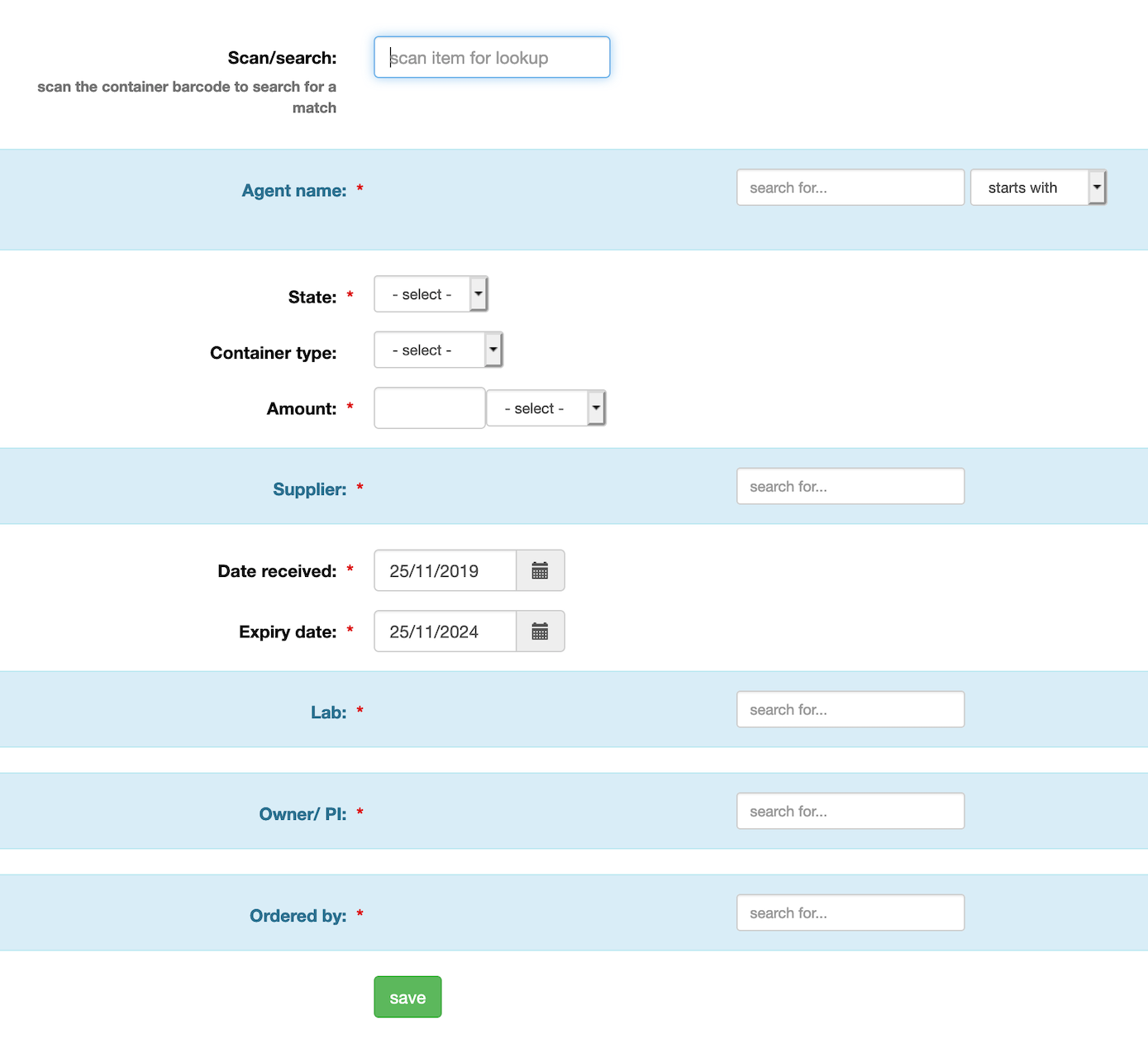 inventory add chemical form showing all fields