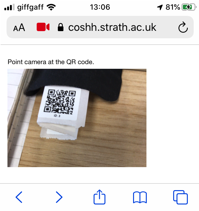 screen shot of QR scanning page on mobile device