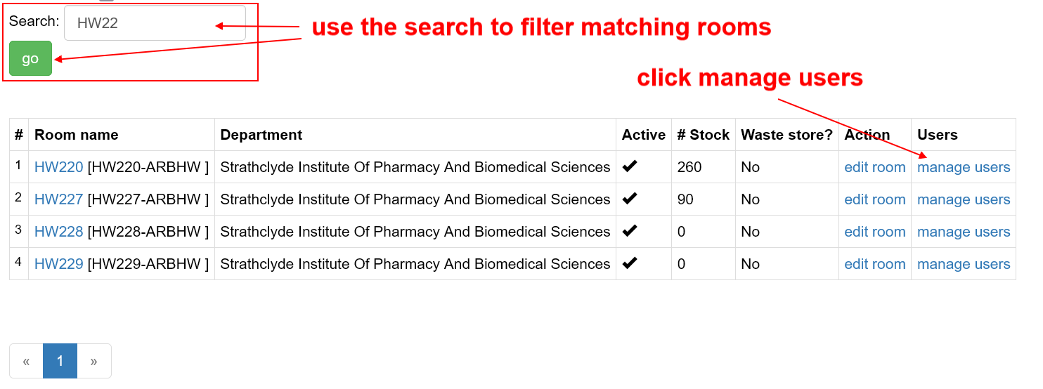 manage users filter rooms